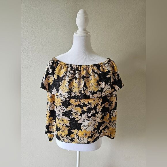 Aritzia Wilfred Black And Yellow Floral Off The Shoulder Top Size XS - Picture 2 of 7